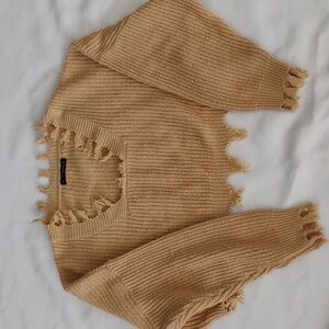 Zaful Cropped And Ripped Beige Knit Sweater with Fringe Details - One Size